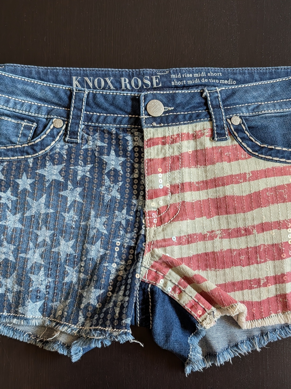 Knox Rose American Flag Sequin Denim Shorts - Red, White, Blue Sz 12/31